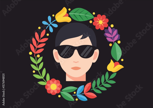 Stylish man wearing sunglasses with a floral wreath on a dark background
