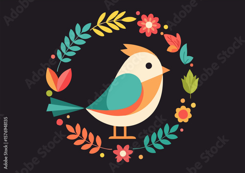 Cute bird standing in a floral wreath on a dark background