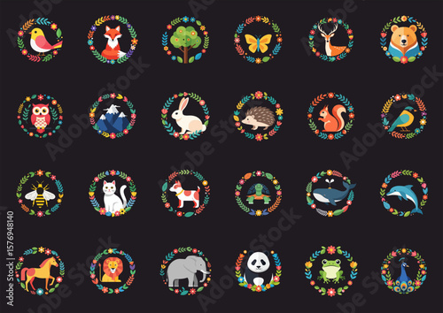 Diverse collection of cute animal and nature illustrations in floral wreaths on a dark background