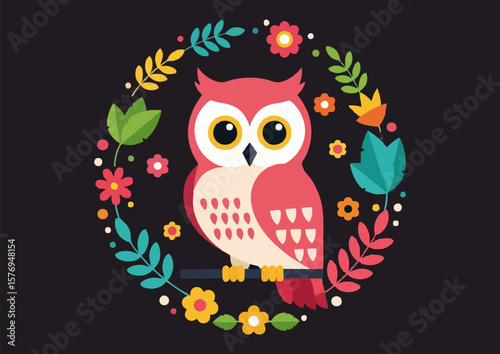 Cute owl sitting in a floral wreath on a dark background