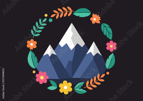 Mountain illustration surrounded by a colorful floral wreath on a dark background