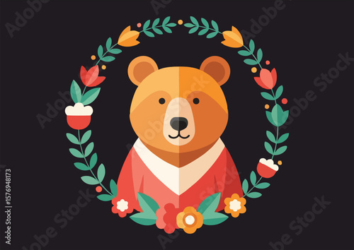 Friendly bear in a floral wreath on a dark background