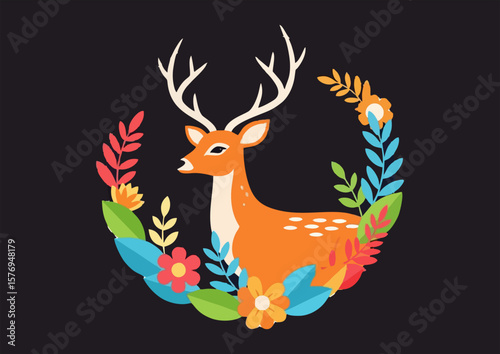 Elegant deer with antlers in a floral wreath on a dark background