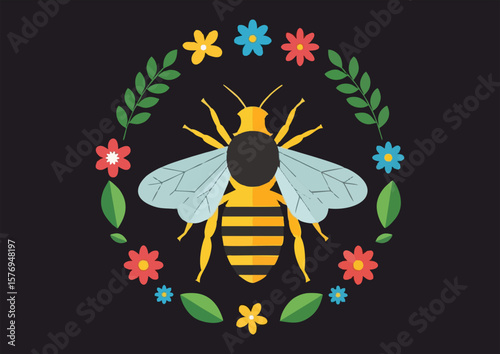 Colorful bee inside a floral wreath on a dark background
