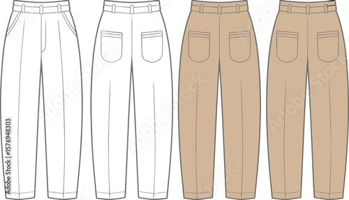 High waist straight pants flat sketch, front and back view, women’s fashion design, vector illustration, casual trousers, technical template