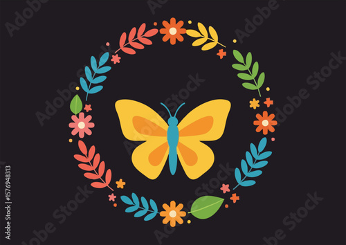 Colorful butterfly surrounded by a floral wreath on a dark background