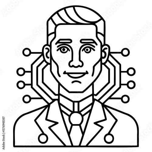 Line drawing of a man in a suit with a tech circuit design around his head and shoulders