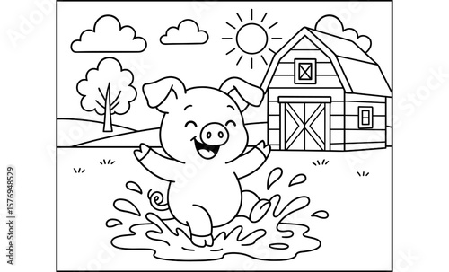 Happy pig splashes in mud puddle on a sunny farm day coloring page