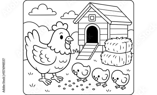 Cute chicken and chicks coloring page with hen house and hay bales