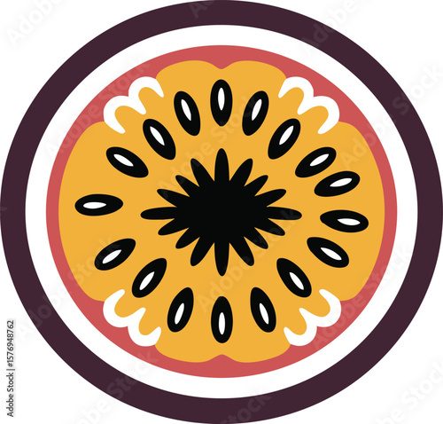 Exotic Passion Fruit Vector Art: A Detailed Cross-Section of a Tropical Fruit with Yellow Pulp and Black Seeds on a Clear Backdrop for Culinary Designs