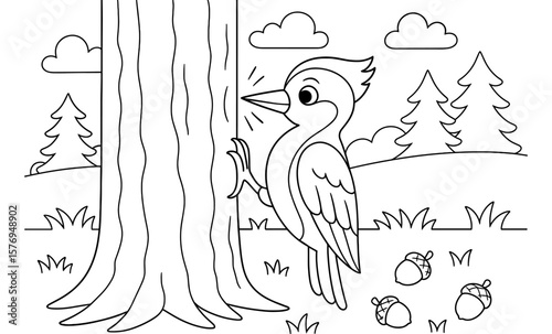 Black and white woodland scene with woodpecker and forest elements