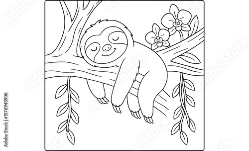 Adorable sloth sleeping on tree branch in peaceful black and white art