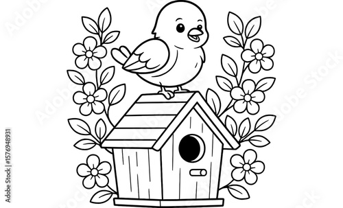 Charming bird on birdhouse with floral background in black and white