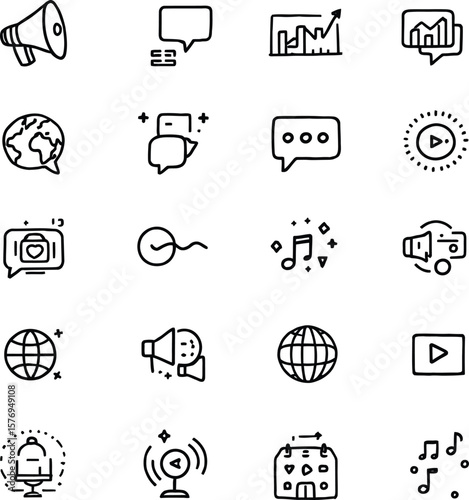 Title: Digital Media & Global Communication Icons – Black & White Vector Set of Marketing, Network & Multimedia Elements.