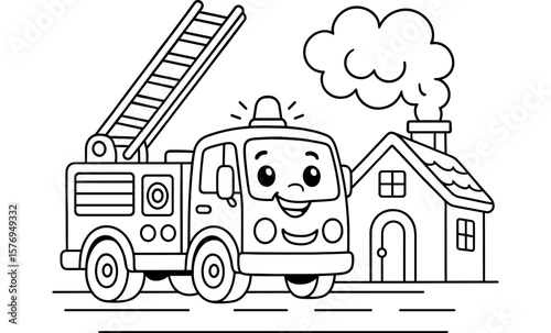 Happy fire truck coloring page for kids with house and smoke