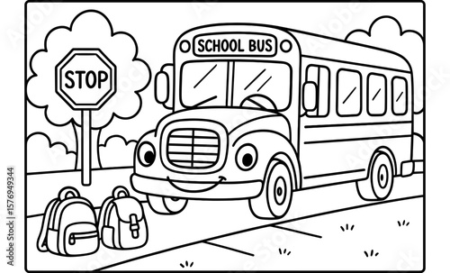 Happy school bus with backpacks and stop sign black and white coloring page