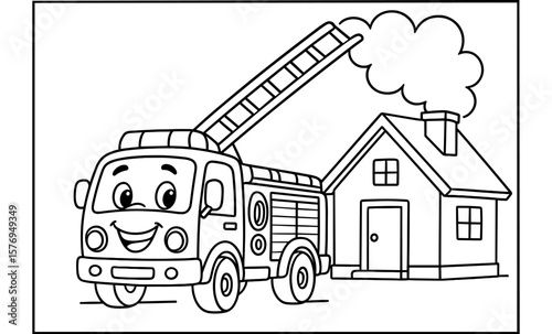 Charming cartoon fire truck and house coloring page for kids