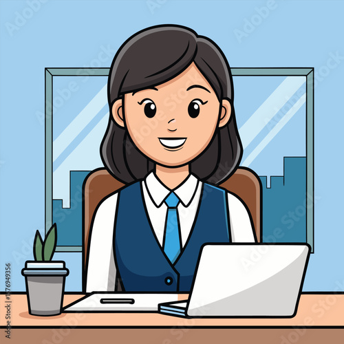 Successful and optimistic. Workplace portrait beautiful smiling young woman office worker accountant enjoying career sitting at desk looking at camera with candid smile distracted from using notebook
