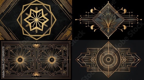 Four ornate golden art deco designs on black backgrounds, featuring geometric patterns and symmetry