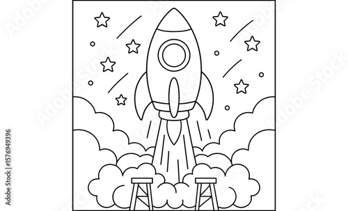 Rocket launching with stars in minimalist line art style