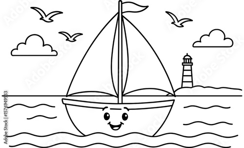 Whimsical black and white sailboat scene with lighthouse and seagulls