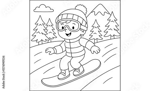 Cute winter scene with child snowboarding in line art style