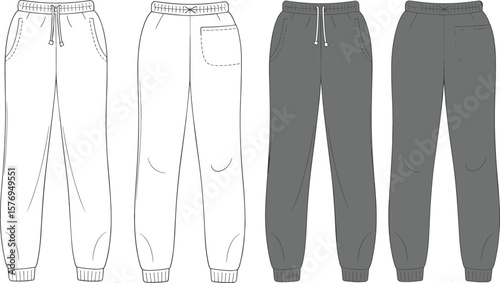 Flat vector illustration of jogger sweatpants, front and back view, drawstring waist, ribbed cuffs, fashion template, casual unisex design