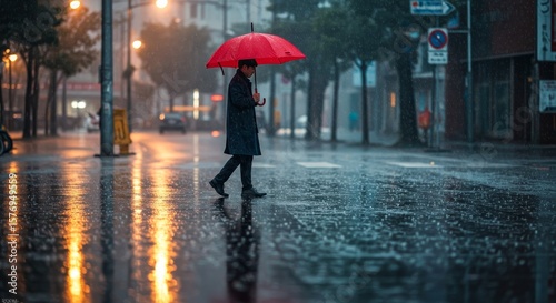 Person Walking with Umbrella in Rainy City Street
