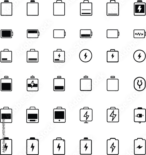 Battery Power & Charging Status Icons – Monochrome Vector Grid Featuring 36 Diagnostic Symbols for Digital Interfaces.