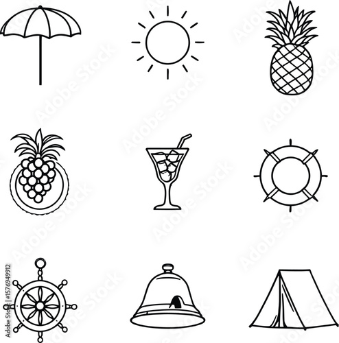 Tropical Summer Elements Icon Pack – Monochrome Vector Set of Cocktails, Pineapples, Umbrella & Seaside Symbols.