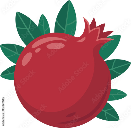 A Rich Pomegranate Vector Graphic Featuring Deep Red Hues and Lush Green Leaves on a Clear Backdrop Ideal for Food and Beverage Projects