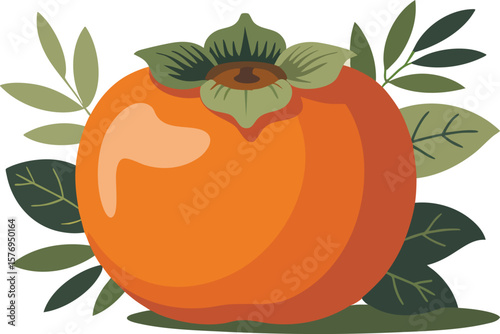 A Captivating Persimmon Vector Illustration with Lush Green Leaves and a Transparent Backdrop, Ideal for Autumnal Designs, Culinary Projects, and Health-Focused Content