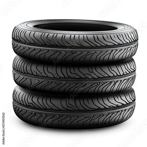 3 black tires stacked on top of each other, isolated on a white background,