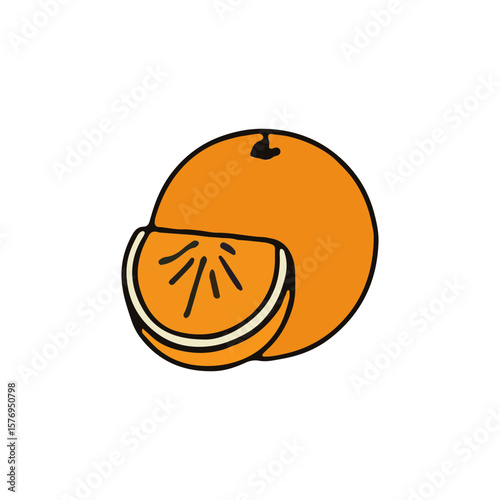 A cartoon-style illustration of a whole orange with a slice cut and placed in front.