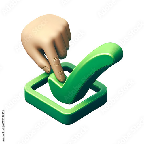 Hand pressing a green checkmark inside a square isolated on transparent background
