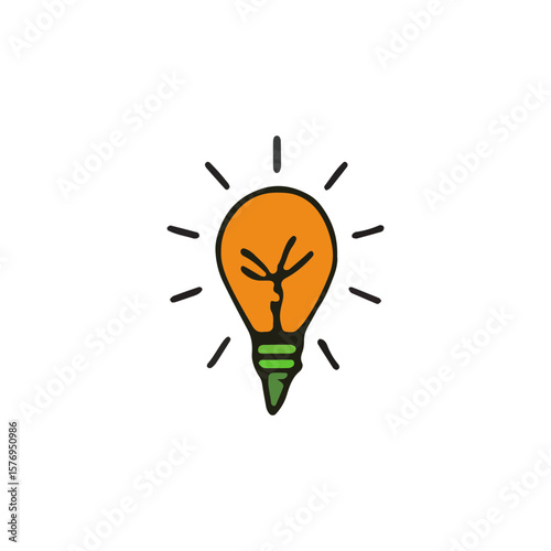 A cartoon-style light bulb emitting rays of light, colored in orange and green, against a white background.