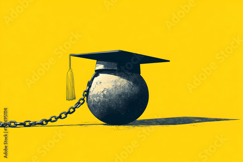 Graduation cap on ball and chain symbolizing student debt and financial burden