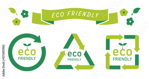 eco friendlyと書かれたサークル型のアイコンセット（エコ 環境 サステナブル 表示マーク ベクター）