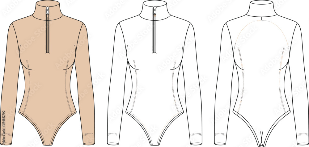 custom made wallpaper toronto digitalFashion flat sketch of long sleeve bodysuit, high neck, zipper front, women's wear design template, technical illustration, vector apparel