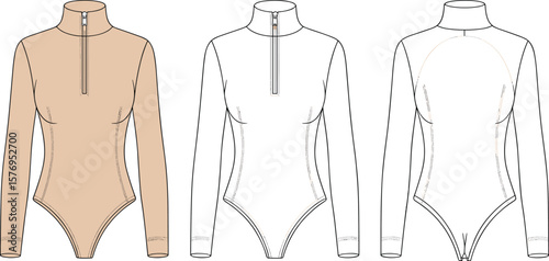 Fashion flat sketch of long sleeve bodysuit, high neck, zipper front, women's wear design template, technical illustration, vector apparel