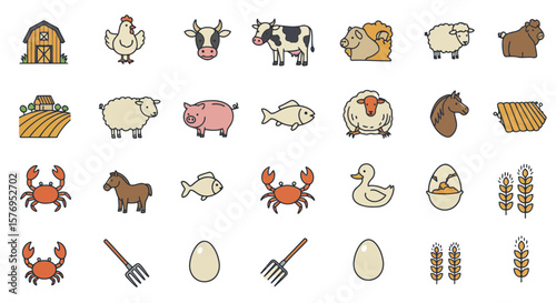 Farm animals barn egg wheat crab horse duck sheep cow