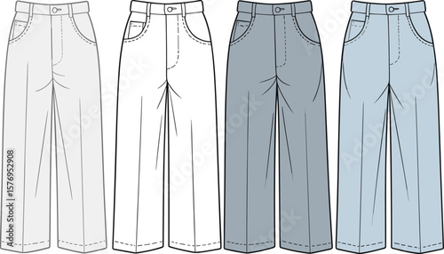Fashion flat sketch of women's denim pants, high waist, wide leg, casual jeans front view, vector template, apparel design