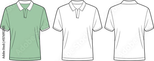 Fashion flat sketch polo shirt design, short sleeve, collar style, vector apparel template, technical drawing, front and back view