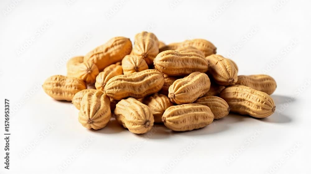 A tempting pile of raw peanuts against a pristine white background offers a natural and healthy snacking option in high-resolution footage.
