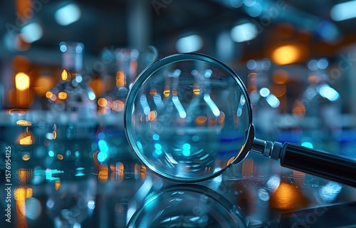magnifying glass tool with laboratory blurred background