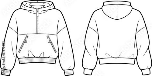 Front and back technical flat sketch of hoodie with zippers, long sleeves, ribbed cuffs, casual wear design for apparel illustration