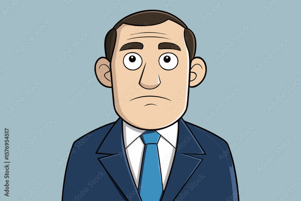 Cartoon Businessperso Character with Big Ears in Blue Suit and Tie – Confident Figure on Light Blue Background Cartoon Businessperso Character with Big Ears in Blue Suit and Tie – Confident Figure on Light Blue Background