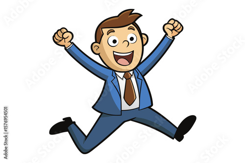 Cartoon Businessman Character Jumping with Fists Raised – Blue Suit, Brown Tie, and Black Shoes on Light Background