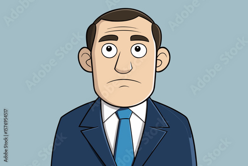 Cartoon Businessperso Character with Big Ears in Blue Suit and Tie – Confident Figure on Light Blue Background