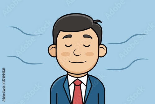 Cartoon Character in Blue Suit Smiling Peacefully – Closed Eyes and Wavy Lines on Light Blue Background